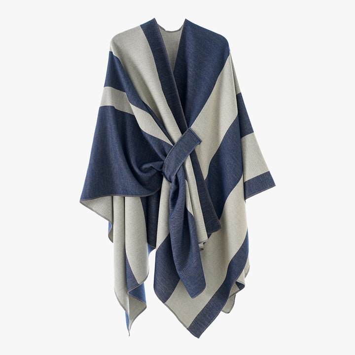 Women's Oversize Cape with Block Stripes and Tied Belt Mune Fashion