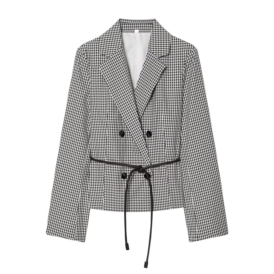Women Checkered Cropped Blazer with Double-Breasted Button Placket and Drawstring Belt Mune Fashion