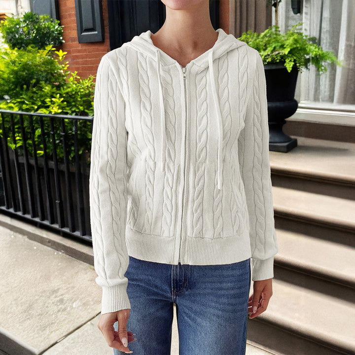Women's Hooded Cardigan with Zipper, Cable Knit Texture and Kangaroo Pocket Mune Fashion