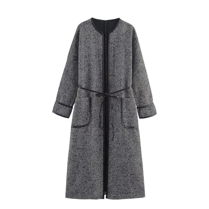 Women crochet longer coat with herringbone structure, drawstring waist belt and patch pockets Mune Fashion