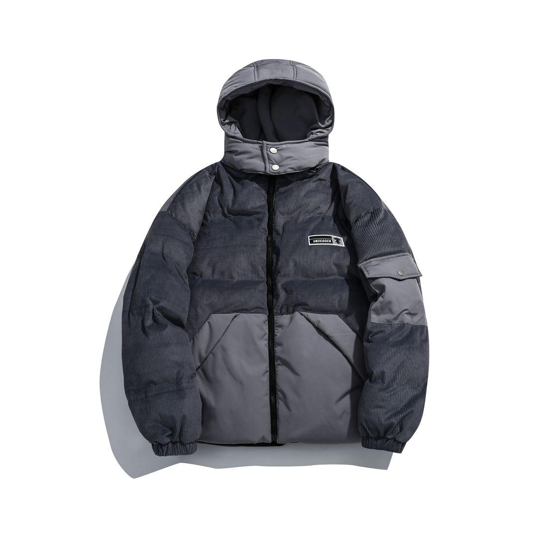 Women's cord quilted puffer jacket with hood and utility arm pocket Mune Fashion