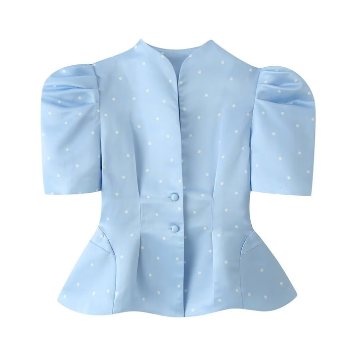 Women Tailored Satin Blouse with Puff Sleeves, Stand Collar and Polka Dot Print Mune Fashion