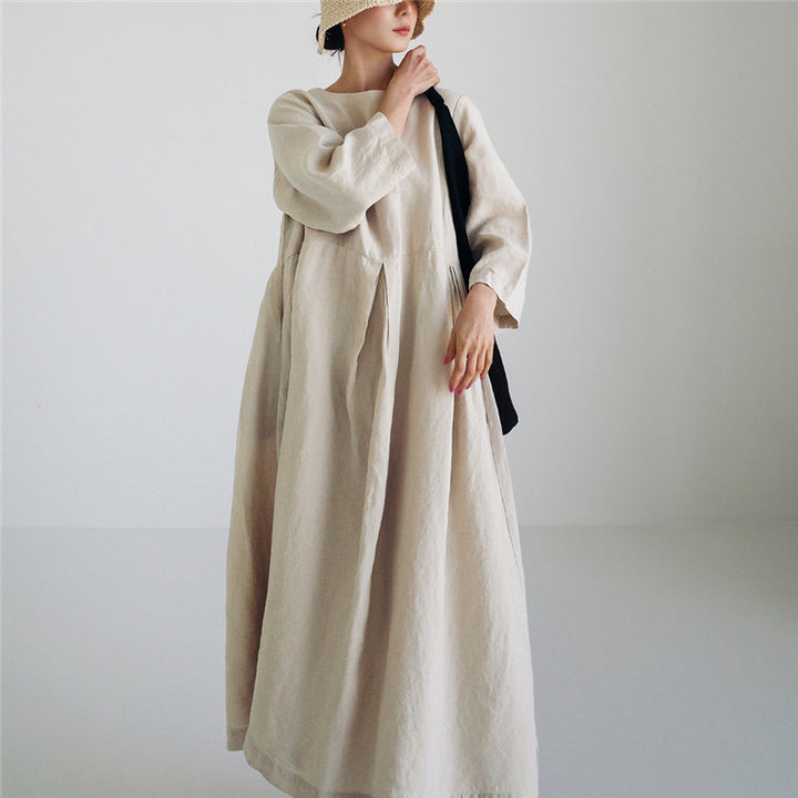Women’s maxi dress made of linen with partial seam, gentle drape and long sleeves Mune Fashion