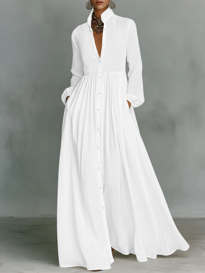 Ladies Maxidress with stand-up collar, continuous button placket, waist-high gathering and side pockets Mune Fashion