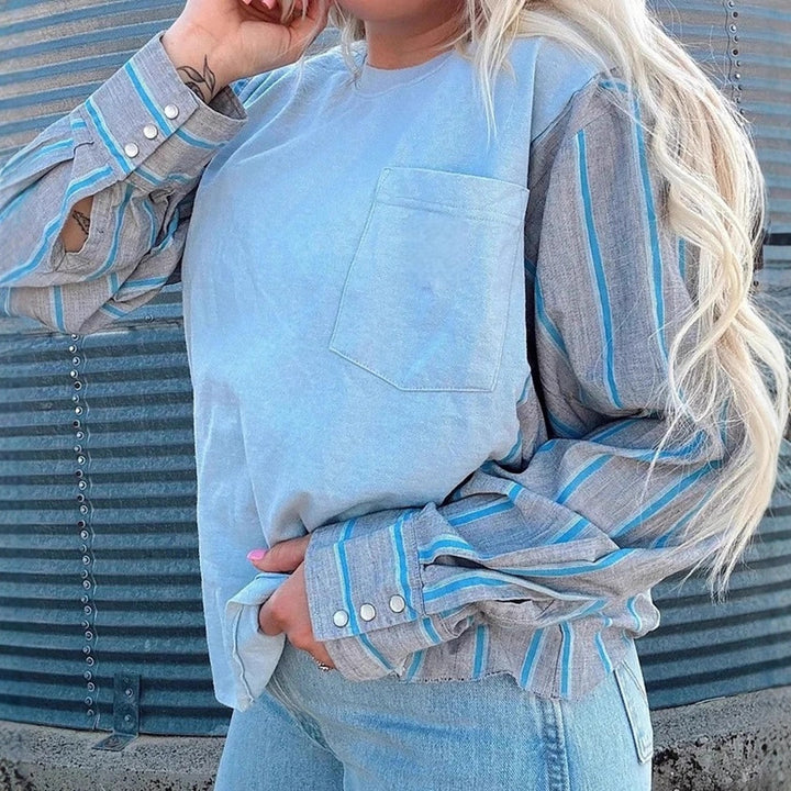 Women's long sleeve shirt in layered look with chest pocket and striped shirt sleeves Mune Fashion