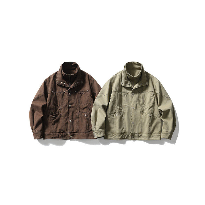 Men's Oversized Canvas Jacket with Stand-Up Collar, Snap Button Front and Concealed Zipper Interior Insert Mune Fashion
