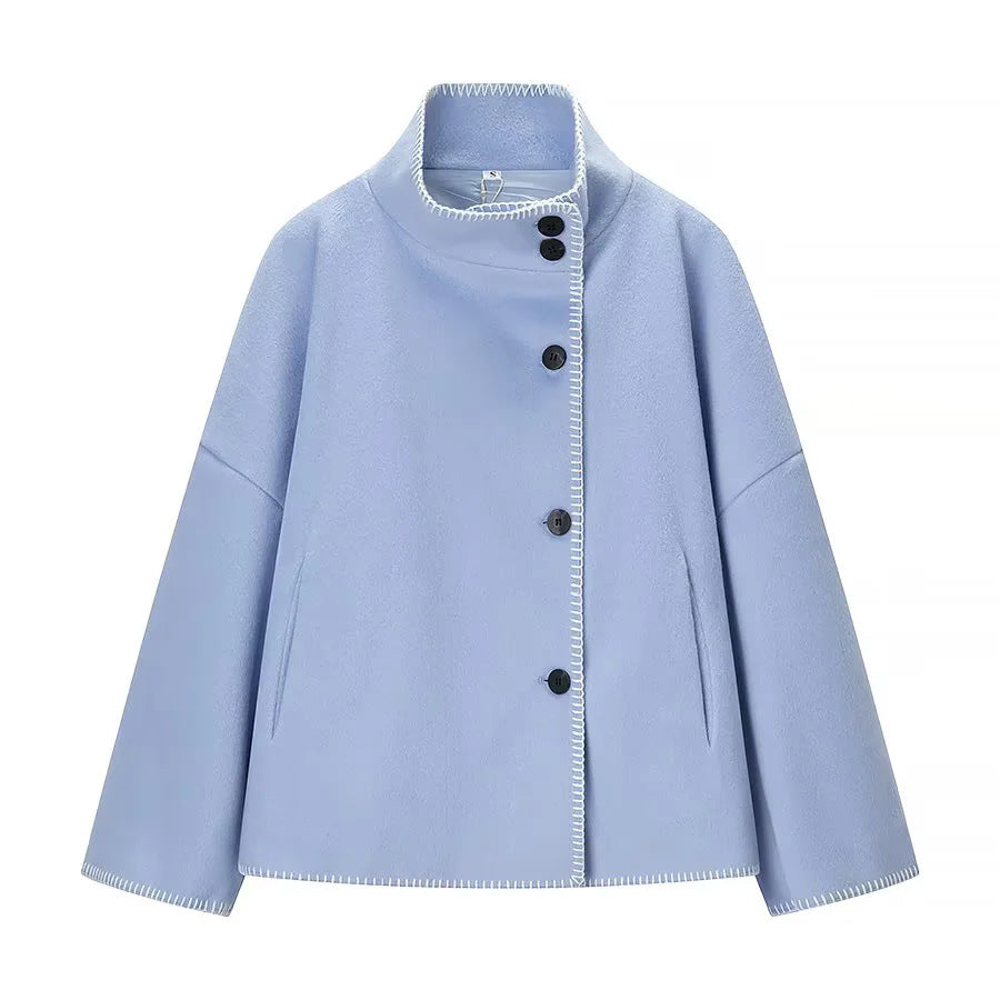 Women's nan castiger short coat with stand-up collar contrasting decorative stitching and side pockets Mune Fashion