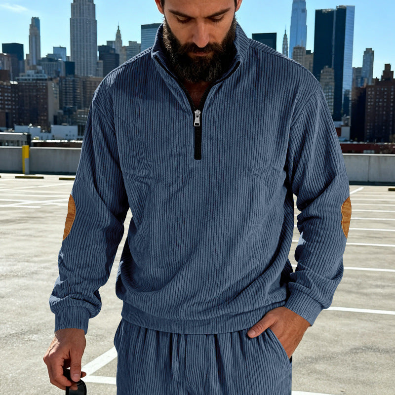 Men's cord structure half-zip pullover in relaxed fit with stand-up collar and elbow patch Mune Fashion