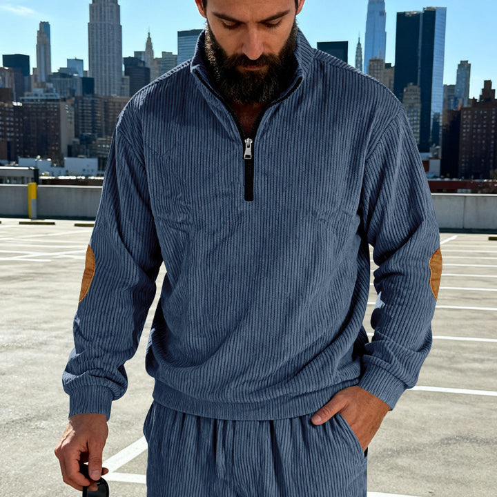 Men's cord structure half-zip pullover in relaxed fit with stand-up collar and elbow patch Mune Fashion