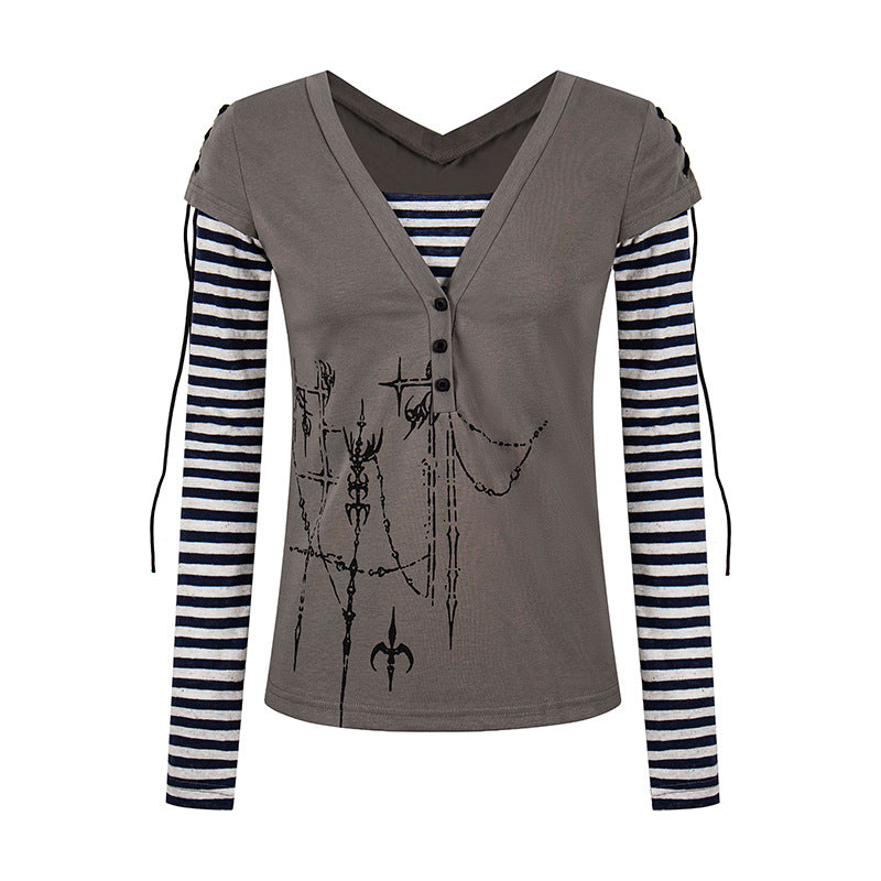 Women's Layered Long Sleeve Shirt with V-Neck, Striped Inner Layer and Lacing Detail Mune Fashion