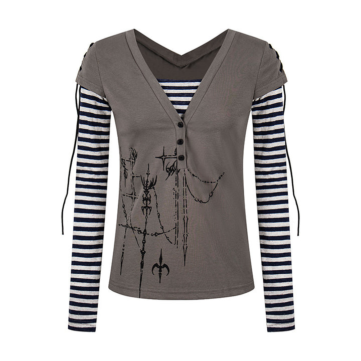 Women's Layered Long Sleeve Shirt with V-Neck, Striped Inner Layer and Lacing Detail Mune Fashion