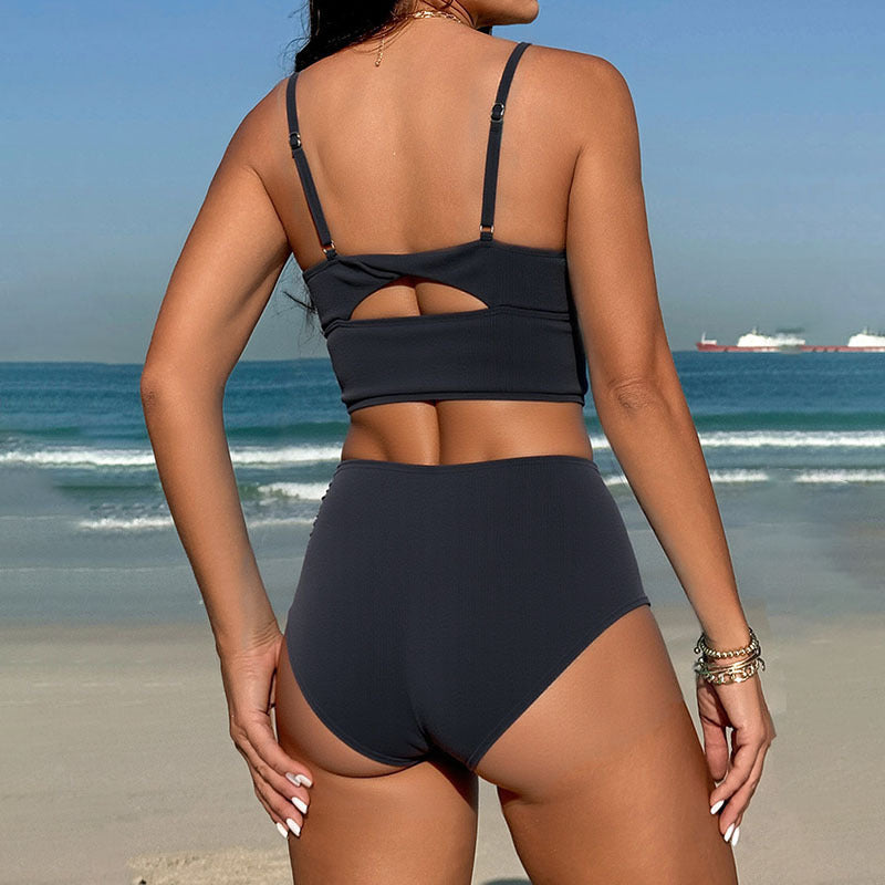 Women High-Waisted Bikini Set with Elaborate V-Neck Mune Fashion
