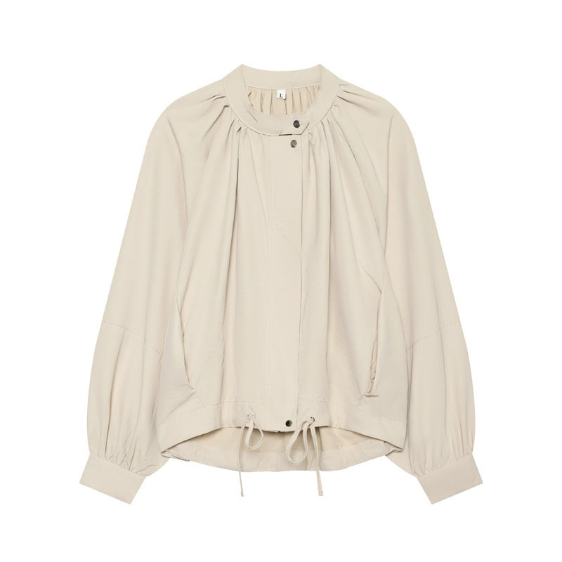 Women's Lightweight Blouson Jacket with Gathered Stand Collar, Balloon Sleeves, and Drawstring Mune Fashion