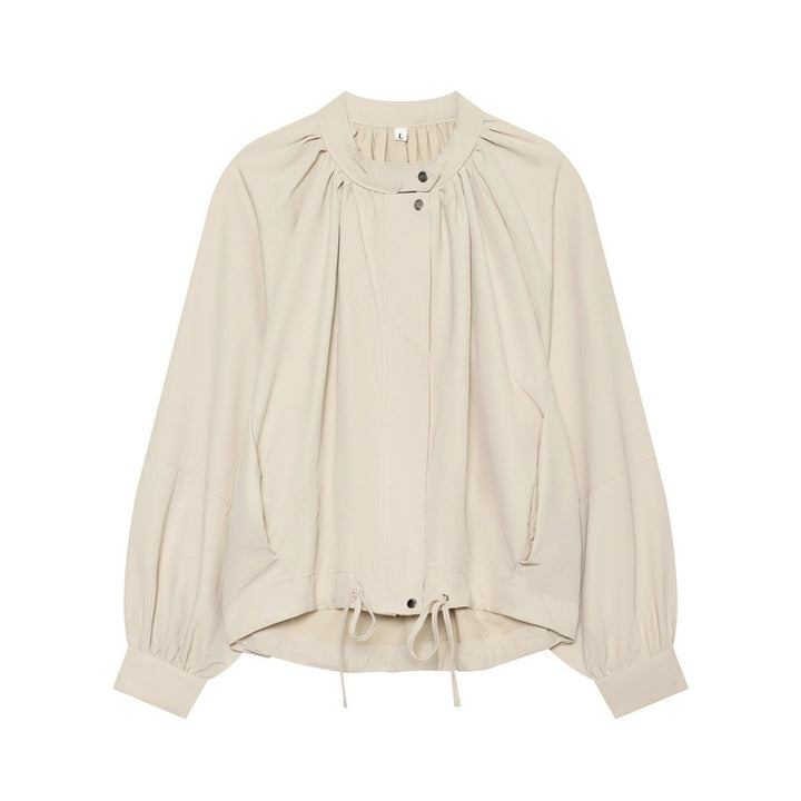 Women's Lightweight Blouson Jacket with Gathered Stand Collar, Balloon Sleeves, and Drawstring Mune Fashion