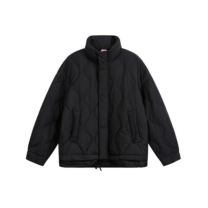 Women's oversized quilted jacket with stand-up collar, wave quilting, and drawstring hood