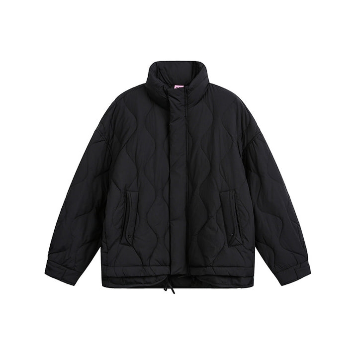 Women's oversized quilted jacket with stand-up collar, wave quilting, and drawstring hood