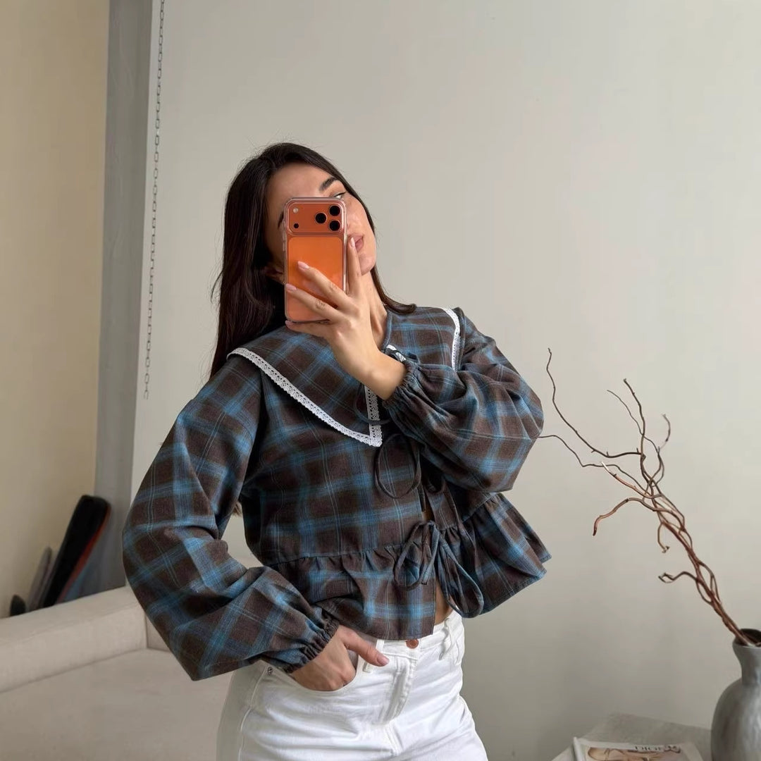 Women's Checked Ruffle Blouse with Oversized Lace Collar and Ties Mune Fashion