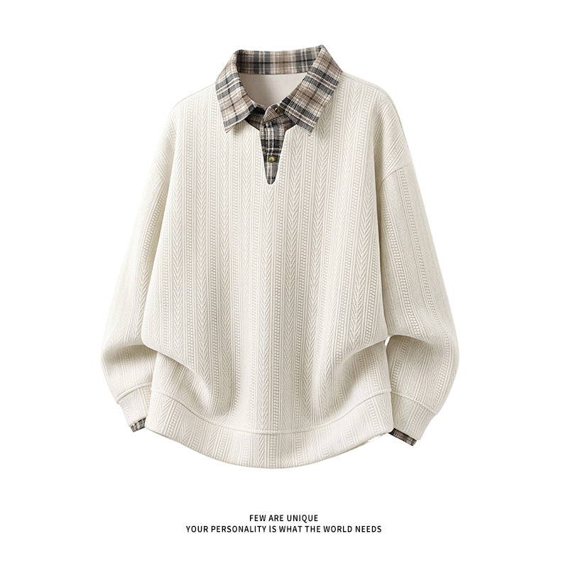 Men's layered look pullover with integrated check shirt collar Mune Fashion