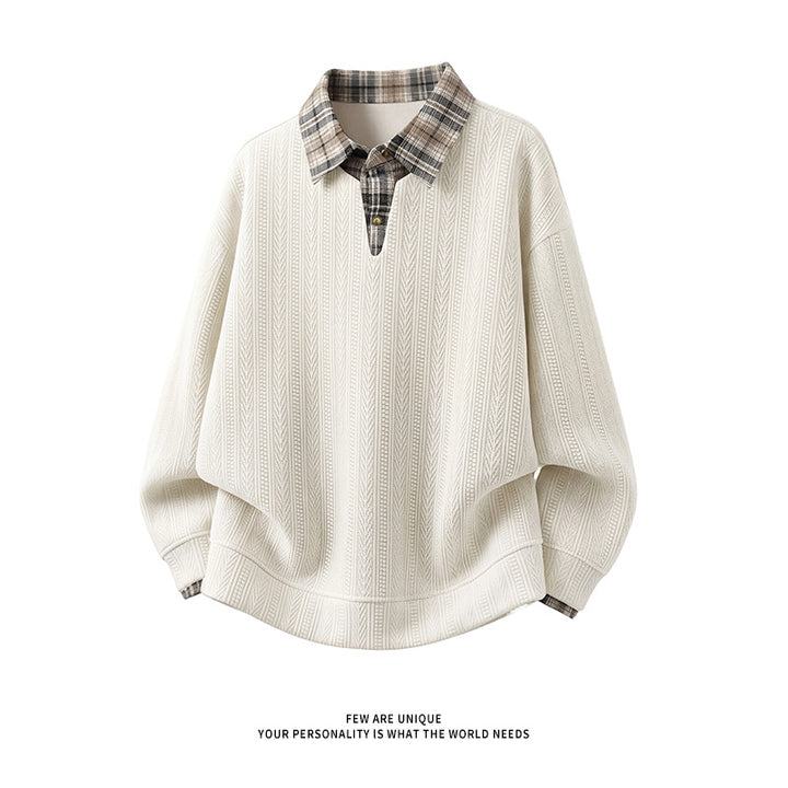 Men's layered look pullover with integrated check shirt collar Mune Fashion