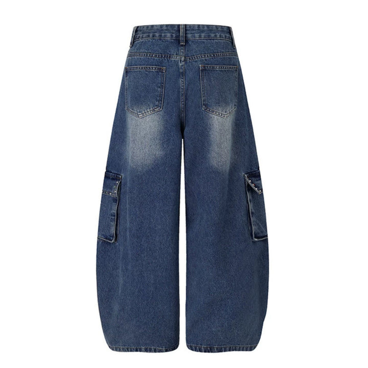 Women's Extra Wide Cargo Palazzo Jeans with High Waist, Patch Pockets, and Rhinestone Trim Mune Fashion