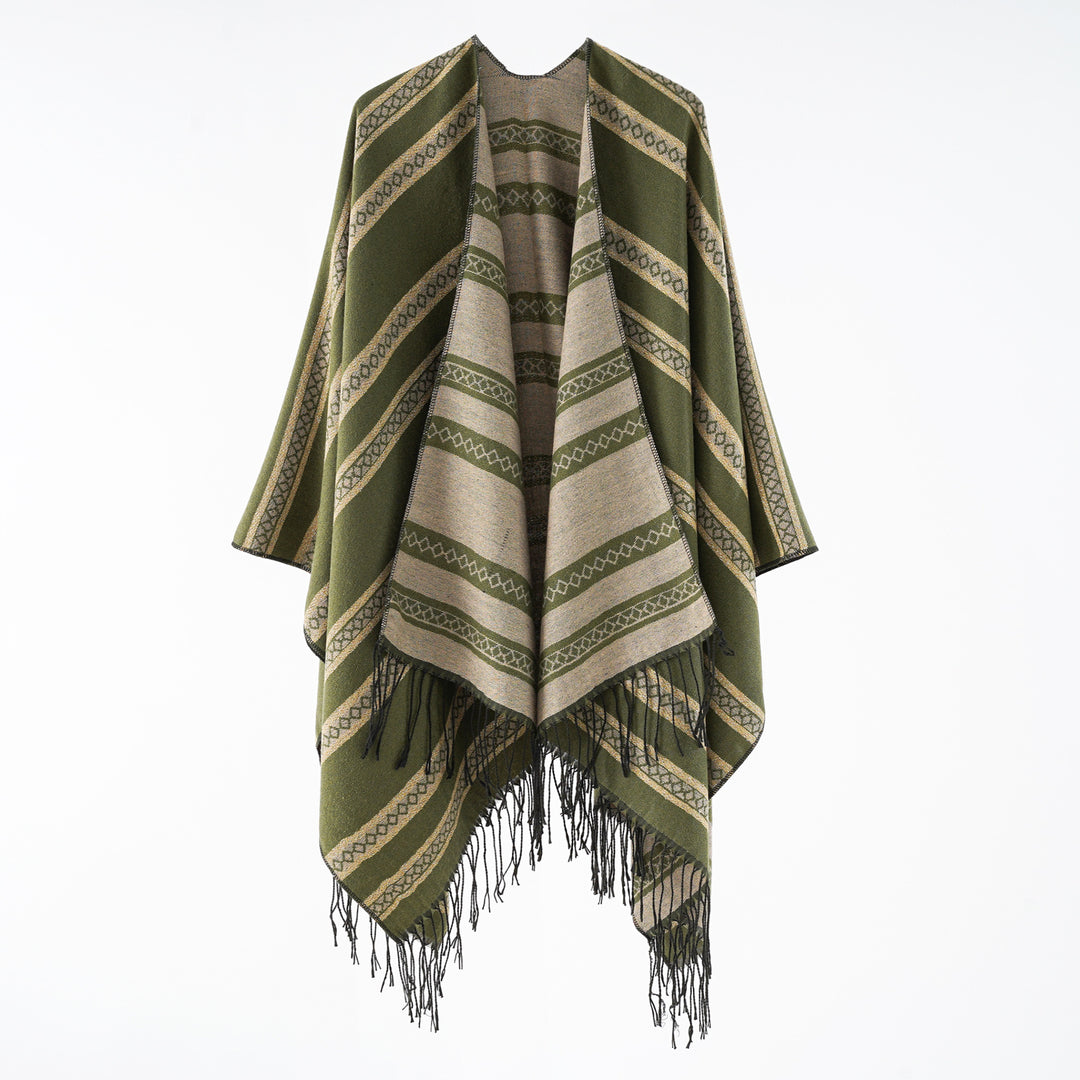 Women's wool blend wrap poncho in jacquard stripe with fringes Mune Fashion
