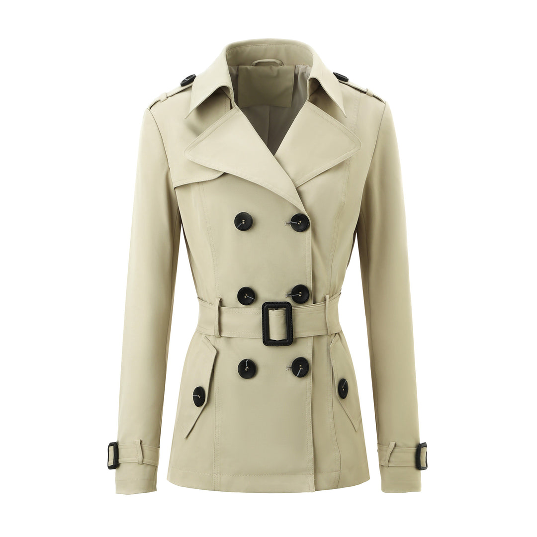 Women Short Tailored Double-breasted Trench Coat with Distinctive Belt Buckle Mune Fashion