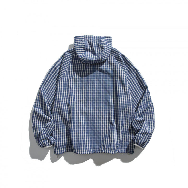 Unisex Lightweight Checked Windbreaker Jacket with Hood, Raglan Sleeves, and Drawstring Mune Fashion