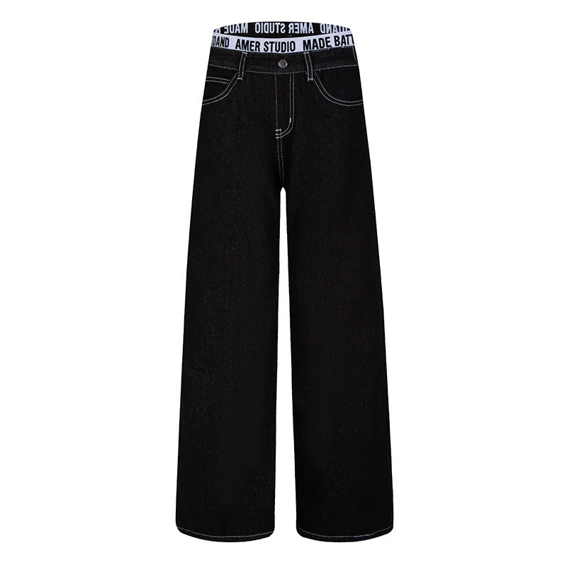 Women Wide High-Waist Denim Pants with Logo Elastic Waistband and Palazzo Silhouette Mune Fashion