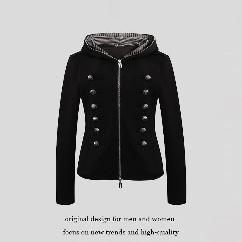 Women's fitted hooded sweat jacket with decorative double row and metal buttons Mune Fashion
