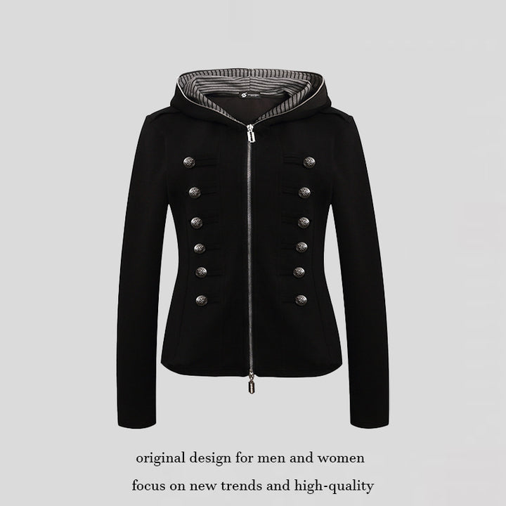 Women's fitted hooded sweat jacket with decorative double row and metal buttons Mune Fashion