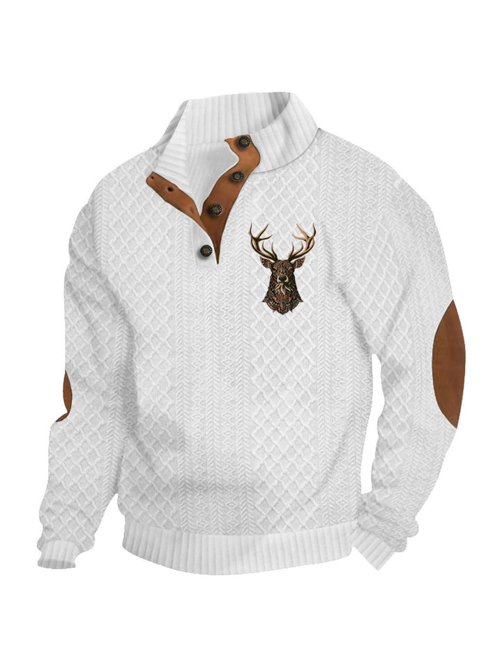 Men's nan Heritage textured pullover with stand-up collar faux leather trim elbow patches and half-button placket Mune Fashion