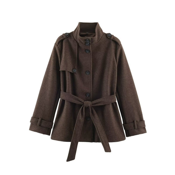 Women's short tailored coat jacket made of wool blend with standing collar, shoulder patches, and tie belt Mune Fashion