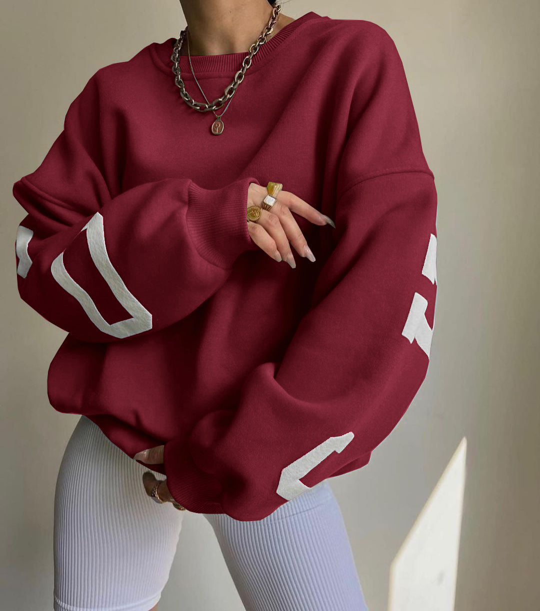 Women's Oversized Sweatshirt with Block Print Sleeves and Wide Drop Shoulder Cut Mune Fashion