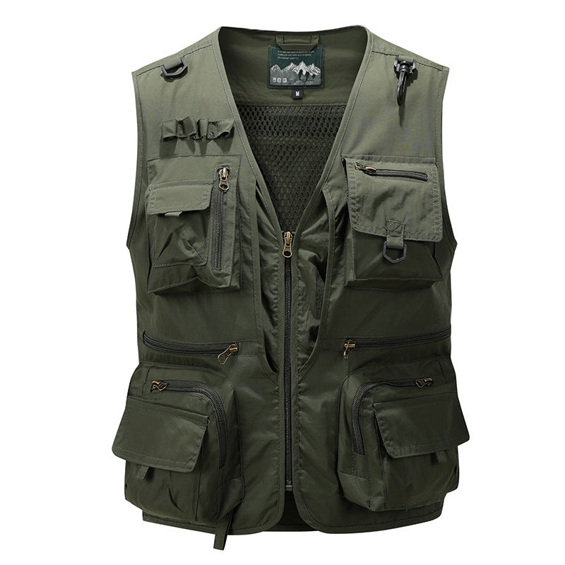 Men's multifunctional fishing vest with mesh lining, multiple zipper and flap pockets.