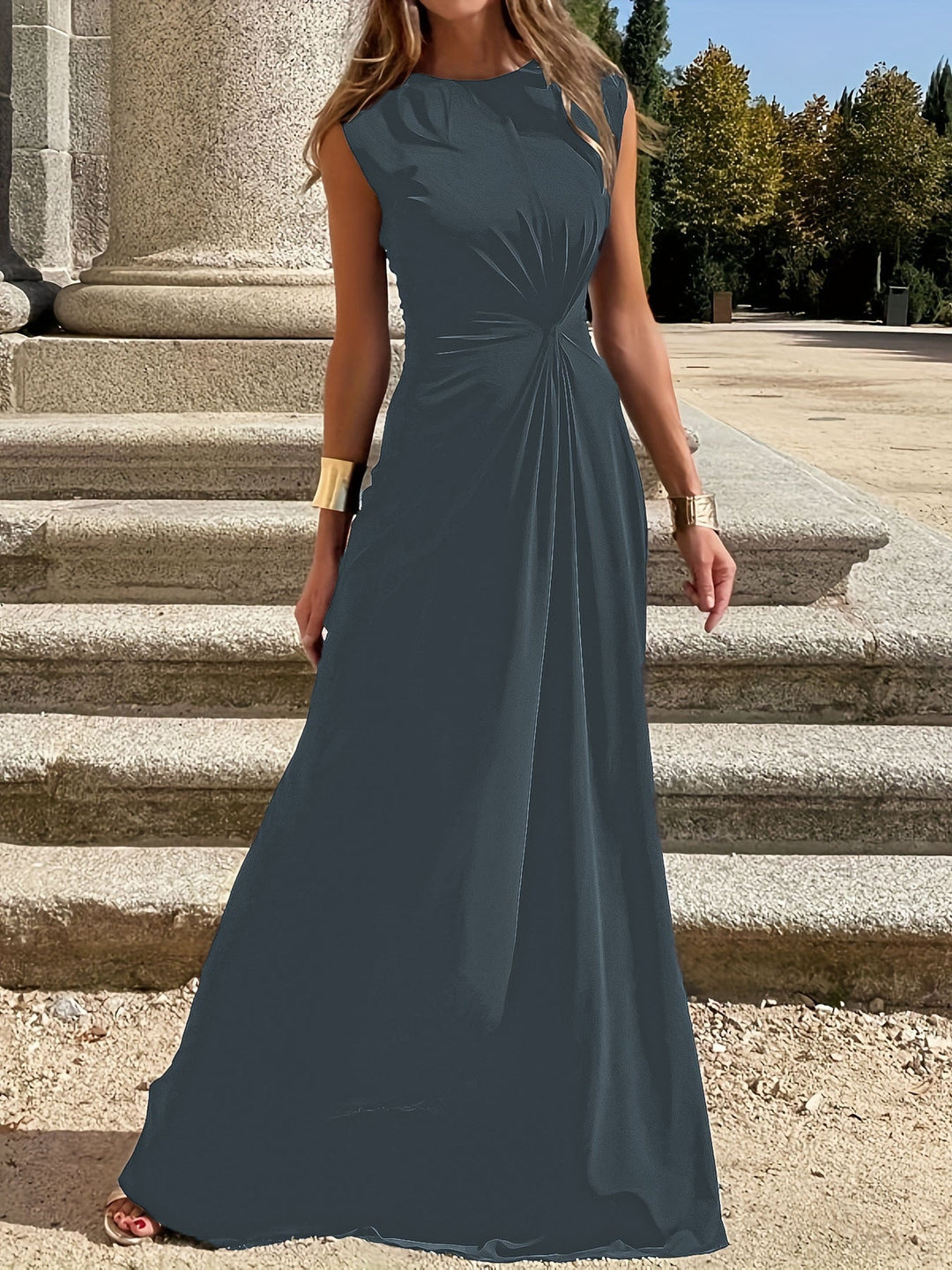 Women Elegant Maxi Dress with Gatherings and Round Neckline Mune Fashion