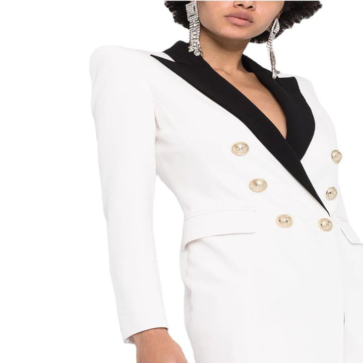 Women's Evening Blazer Dress Maxi with Contrast Lapels and Slit Mune Fashion