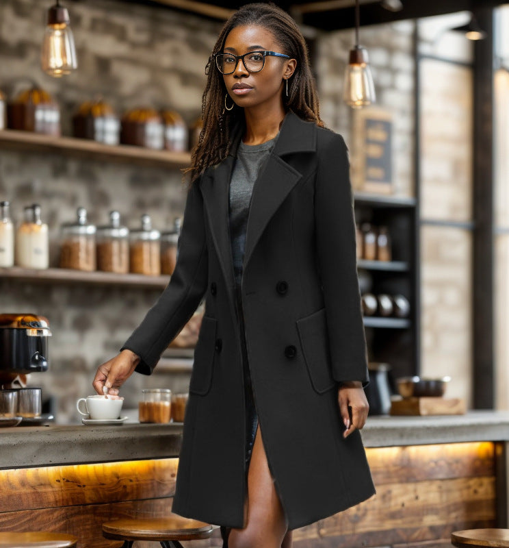 Women Long Chesterfield Coat made of Wool Blend with Tailored Fit and Side Pockets Mune Fashion