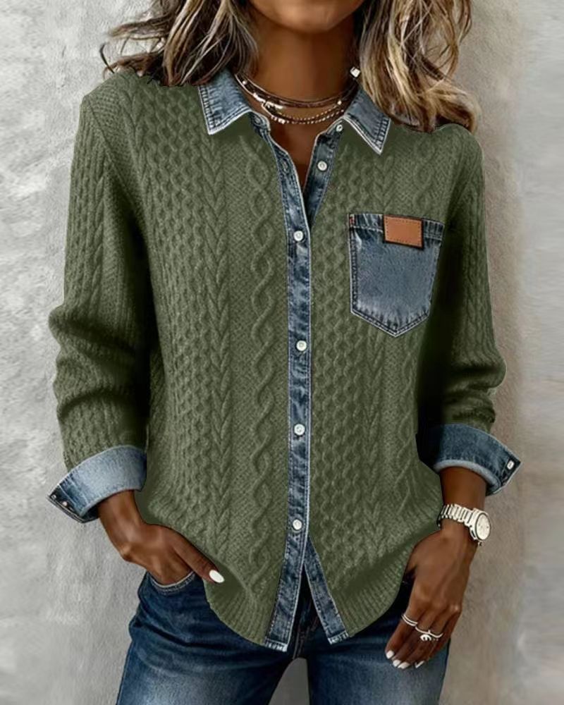 Women's braided knit sweater with integrated denim collar and chest pocket Mune Fashion