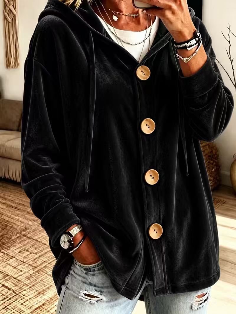 Women's Oversize Hooded Velvet Jacket with Large Wooden Buttons and Soft Velour Lining Mune Fashion