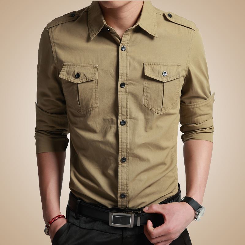 Men's Slim-Fit Utility Shirt with Shoulder Flaps and Flap Pockets Mune Fashion