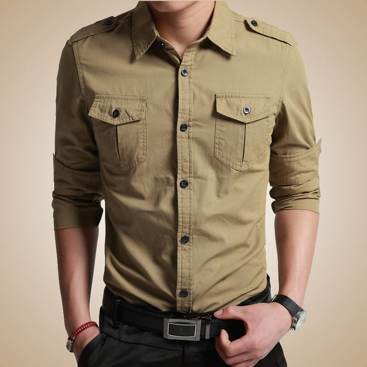 Men's Slim-Fit Utility Shirt with Shoulder Flaps and Flap Pockets Mune Fashion
