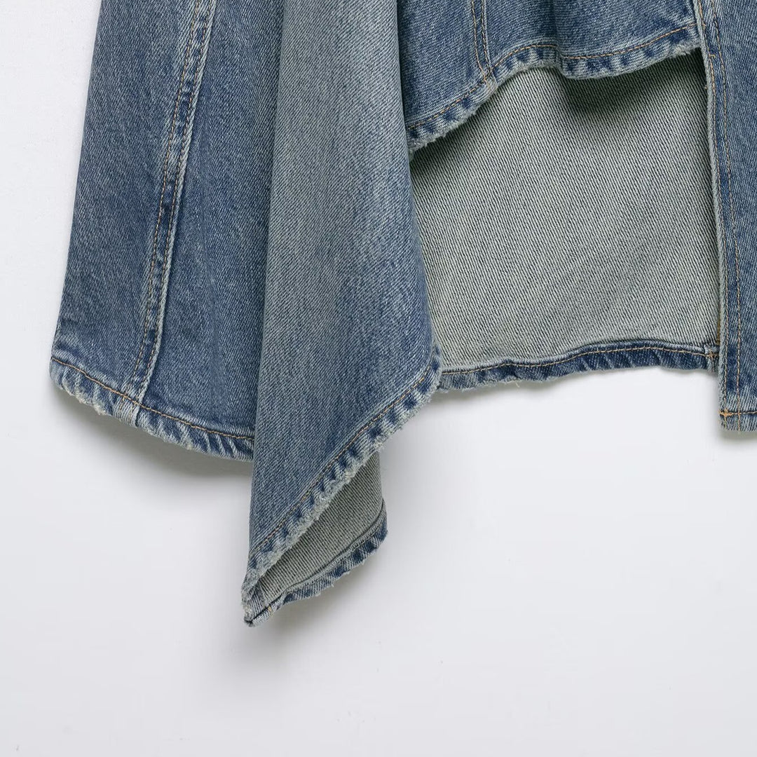 Women's Asymmetrical Denim Wrap Skirt with Inserts and Pockets Mune Fashion