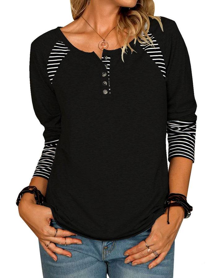 Women's Casual Raglan Henley Shirt with Button Placket and Striped Cuff Sleeves Drune