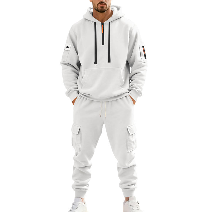 Men's two-piece utility casual set hoodie with half-high zipper, arm pocket, and cargo jogging pants with flap pockets Mune Fashion