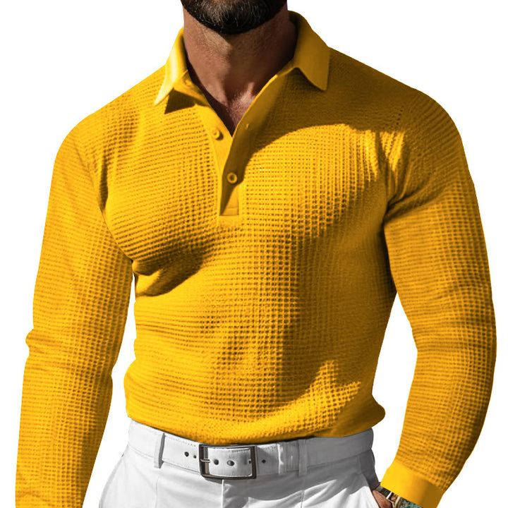 Men's Waffle Structure Polo Shirt with Long Sleeves, Slim Fit and Kent Collar Mune Fashion