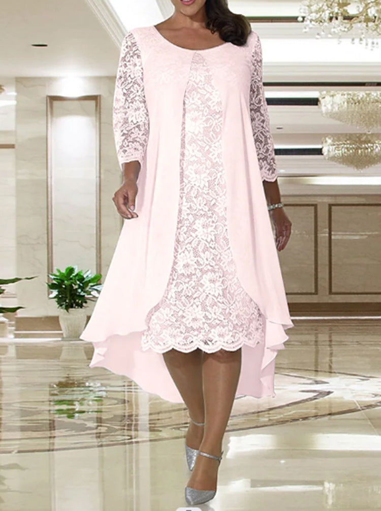 Ladies' elegant chiffon lace dress with high-low overlay and three-quarter sleeves Mune Fashion