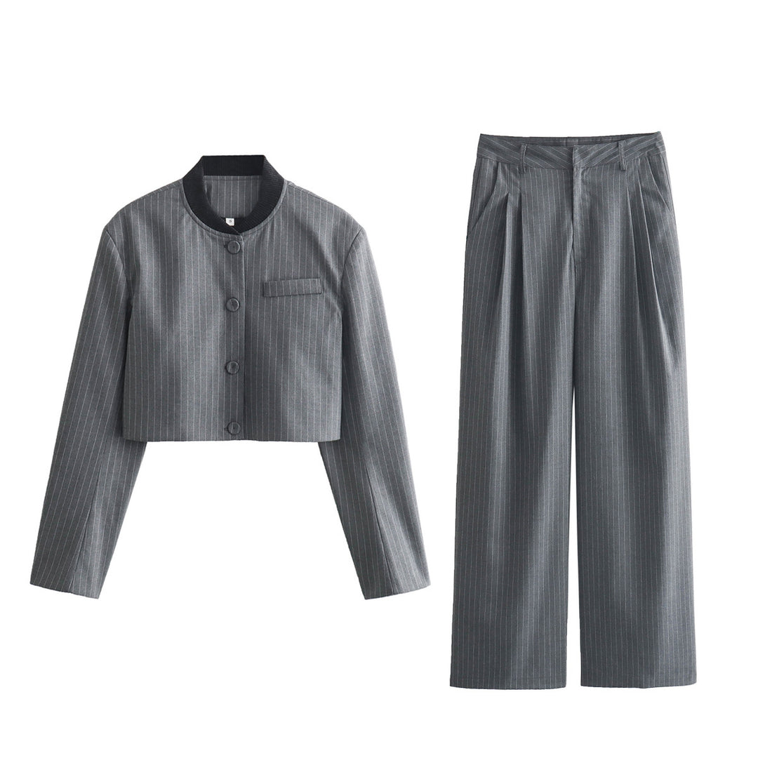 Women Two-Piece Pinstripe Suit Set with Short Stand Collar Blazer and Wide Pleat Pants Mune Fashion