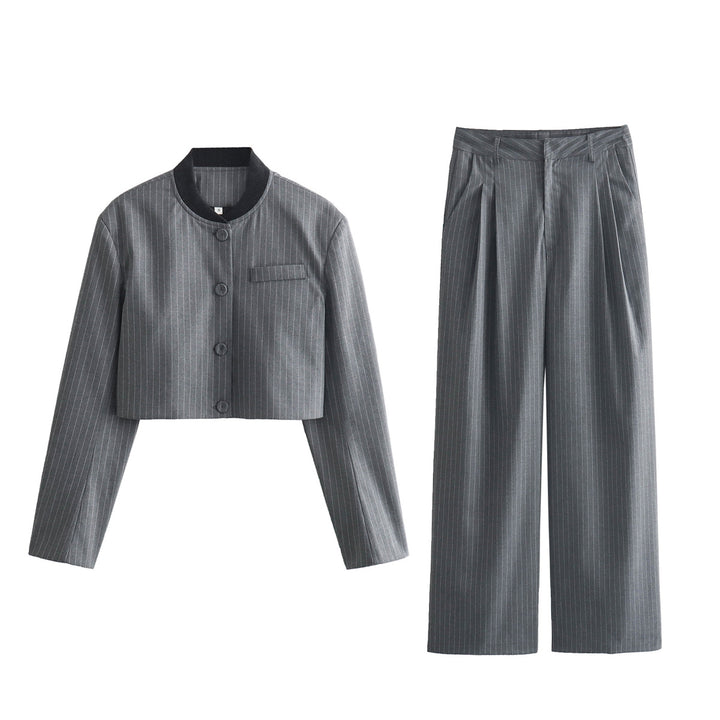Women Two-Piece Pinstripe Suit Set with Short Stand Collar Blazer and Wide Pleat Pants Mune Fashion