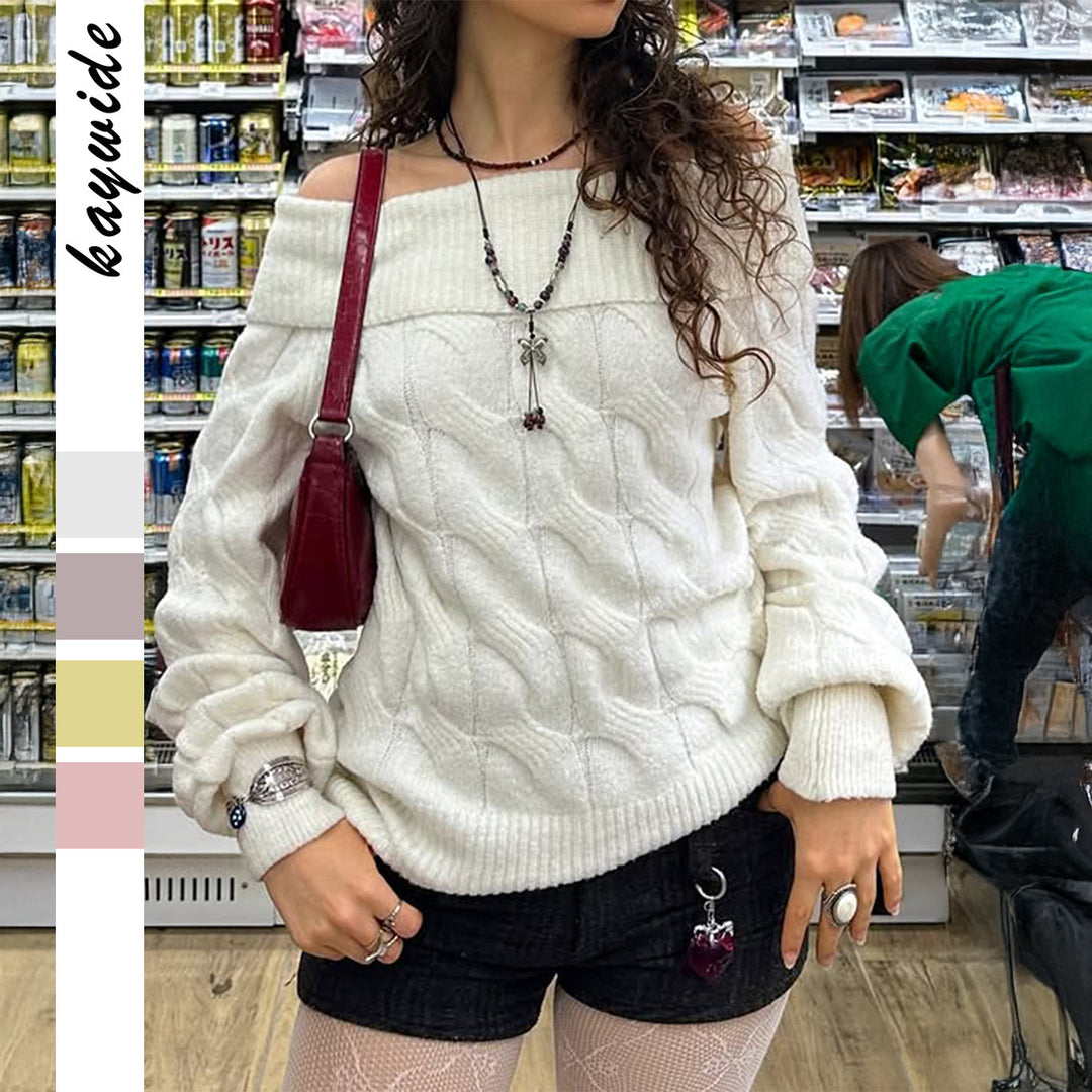 Women’s off-the-shoulder chunky knit sweater with cable pattern, wide sleeve cuff, and elastic ribbed hem Mune Fashion