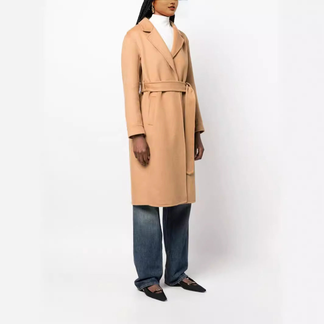 Women's Midi-Length Wrap Coat in Clean-Cut made of Wool-Cashmere Blend with Tie Belt Mune Fashion